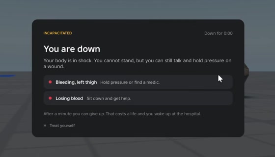 Downed card listing a bleeding left thigh and blood loss, each with guidance for the player